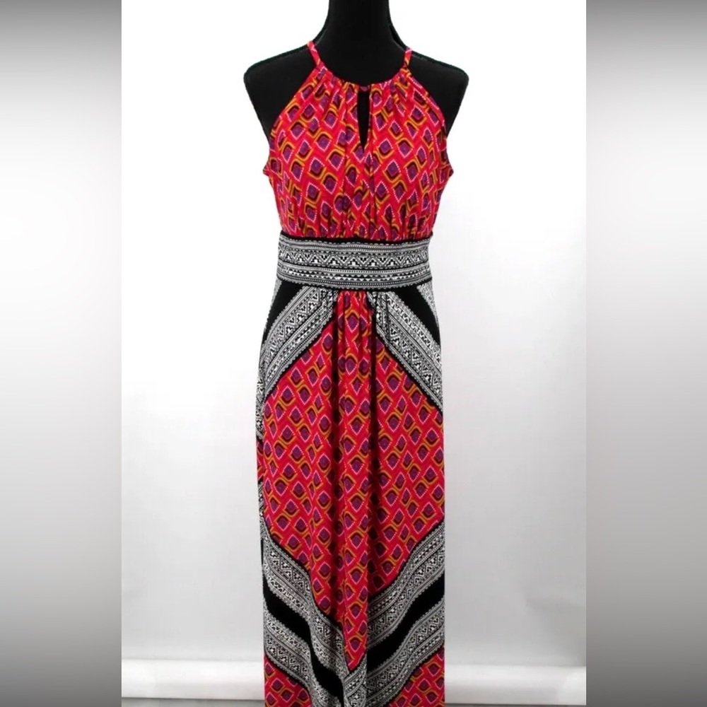MAGGY LONDON Maxi Dress Women SZ 8 Multicolor Sleeveless Halter Keyhole Stretch
